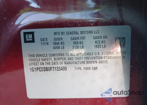 2015 Chevrolet Cruze 1Lt Auto из США, поврежденный, VIN 1G1PC5SB8F7133499